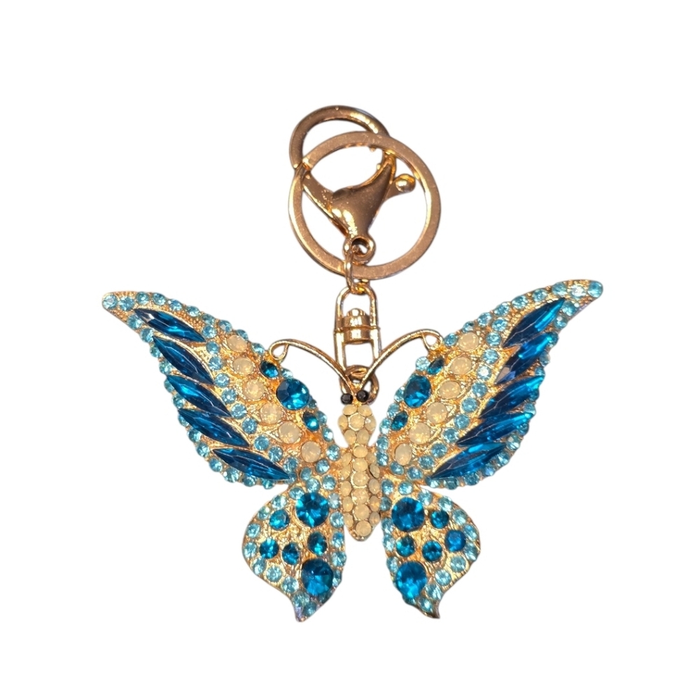 Blue Rhinestone Crystal Large Butterfly Purse Charm with Gold Hardware